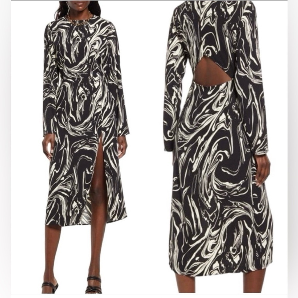 Black & Cream Swirl Midi Dress with Back Cutout